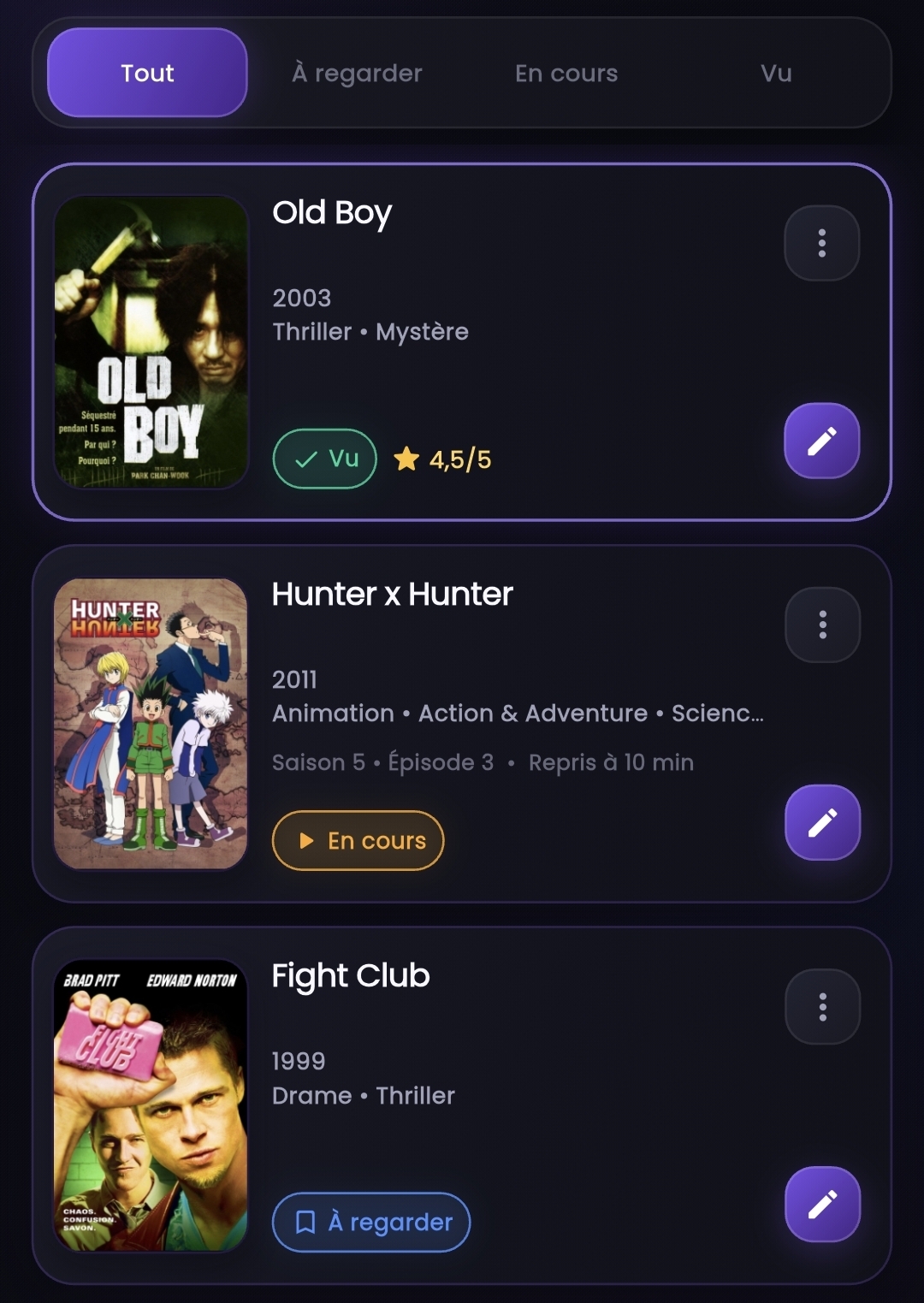 Playlist avec Old Boy, Hunter x Hunter et Fight Club