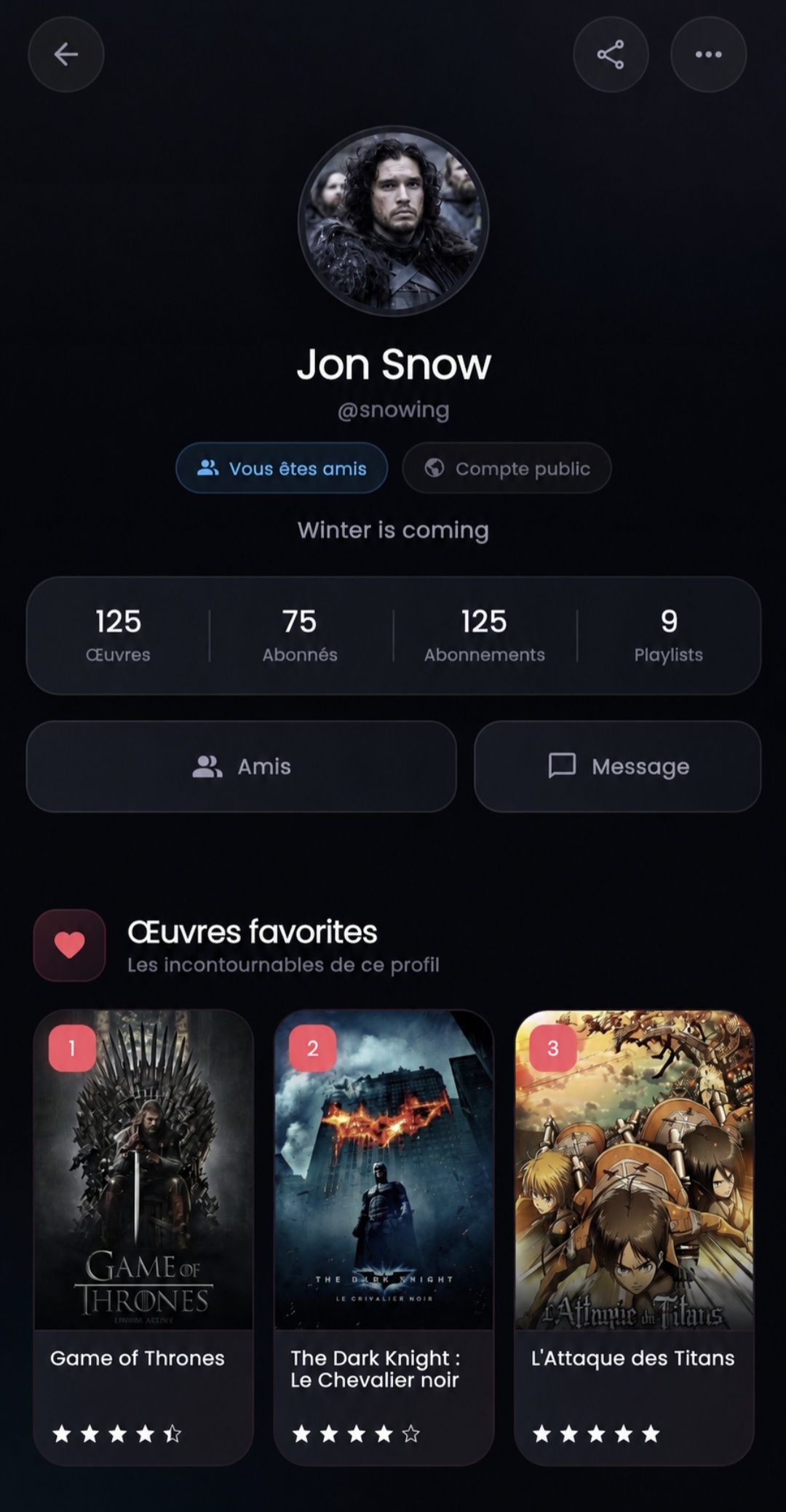 Profil public de Jon Snow avec ses œuvres favorites