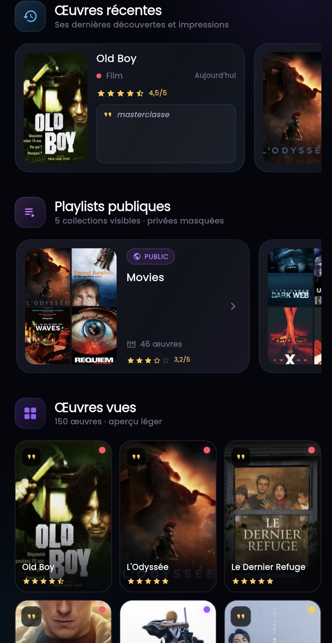 Œuvres récentes, playlists publiques et œuvres vues d’un profil